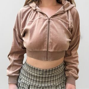 RSQ Recycled Neutral Brown Tan Velour Crop Full Zip Up Hoodie Size Large